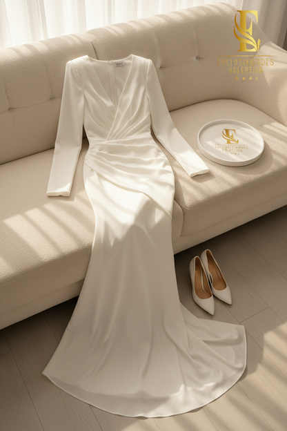 Vestido Blanco Satinado Sirena Escote V Cruzado cod.00174
