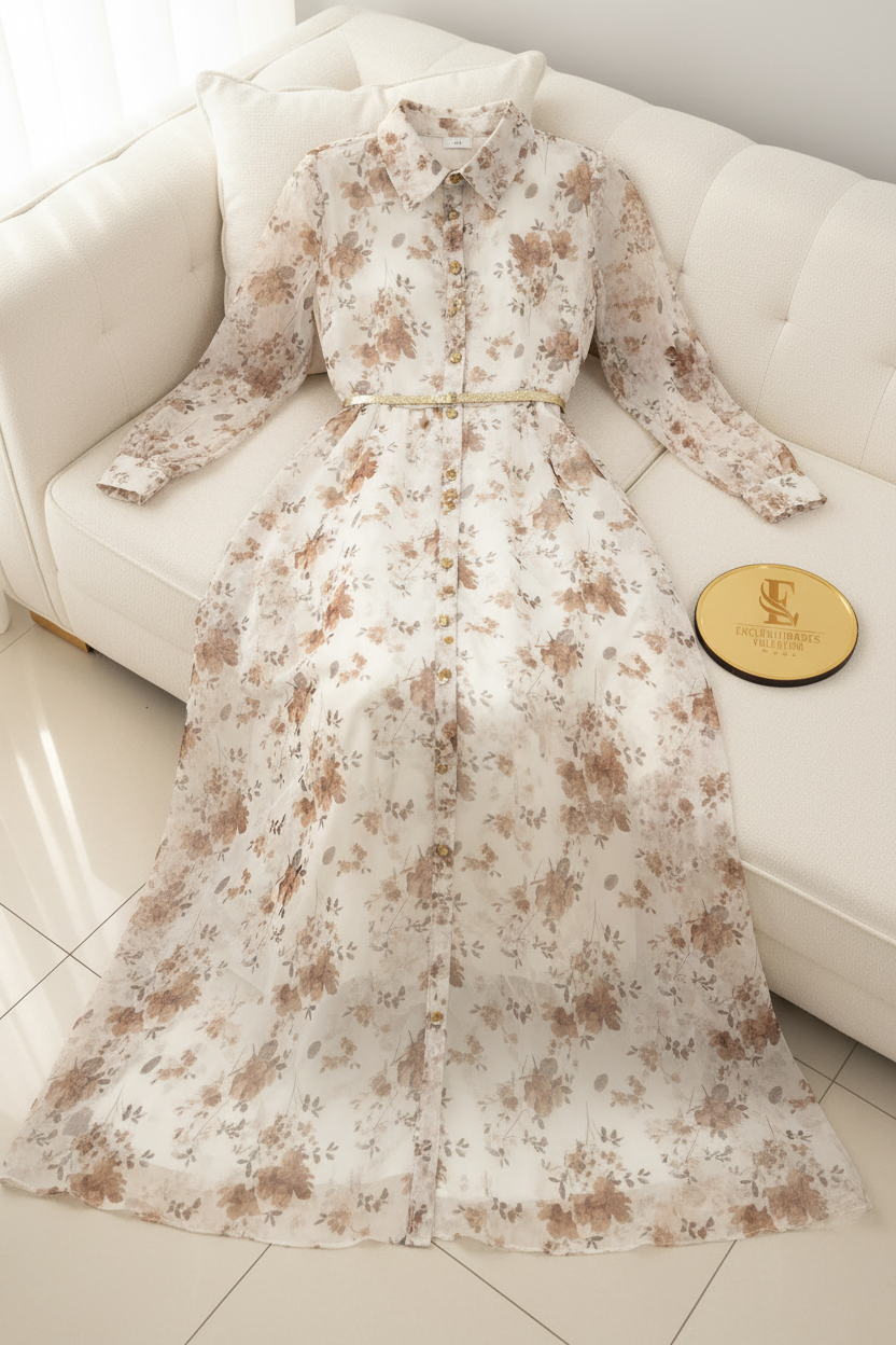 Vestido Floral Crema — Chiffon Botones Dorados cod.858