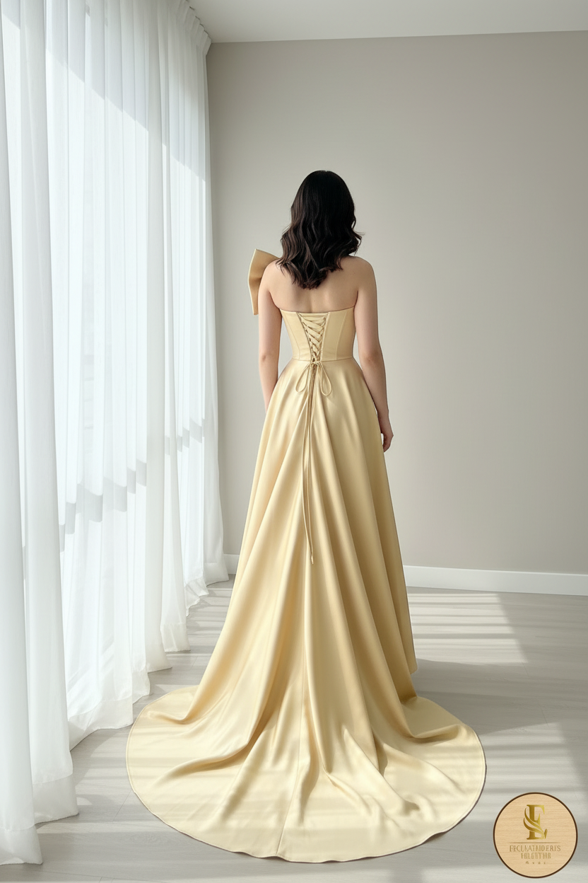 Vestido Champagne Satén Moño Doble Corsé High-Low cod.00100