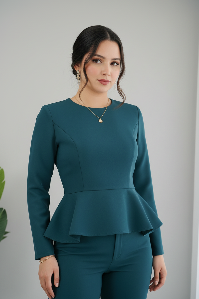 Set Teal Blus Peplum con Pantalón Recto Exclusivo cod.803