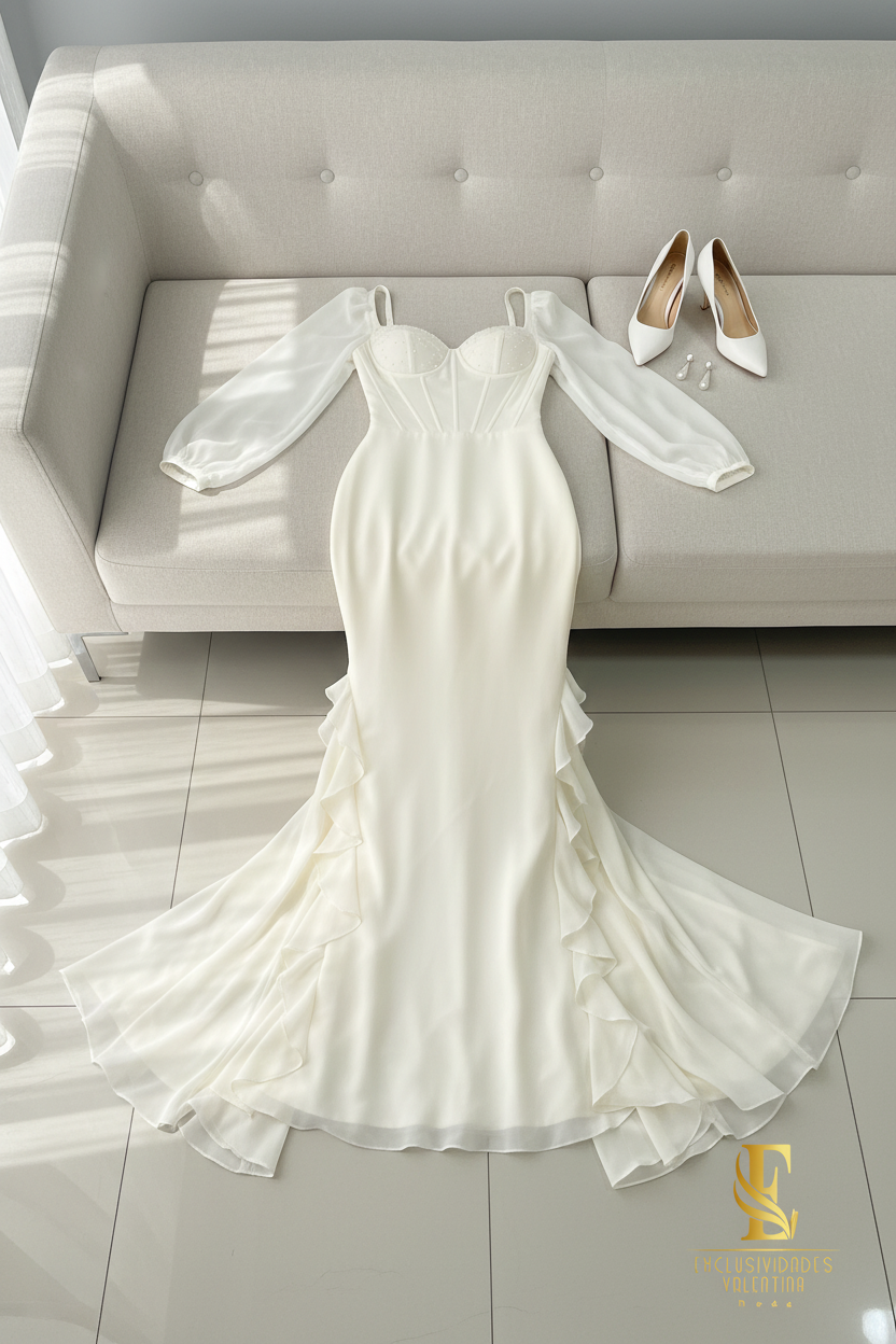 Vestido Ivory Corset Manga Chifón Sirena con Volantes cod.V289