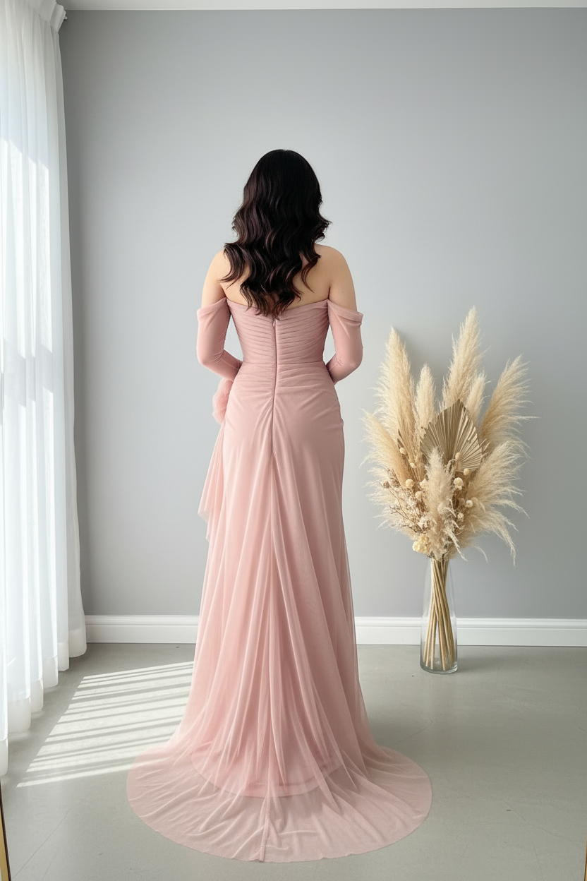 Vestido Rosa Palo Off-Shoulder con Rosa D V362