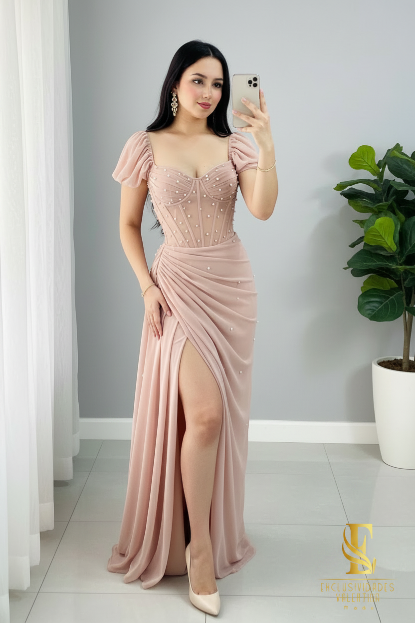Vestido Rosa Palo Corsé con Perlas y Mangas Puff cod.V662