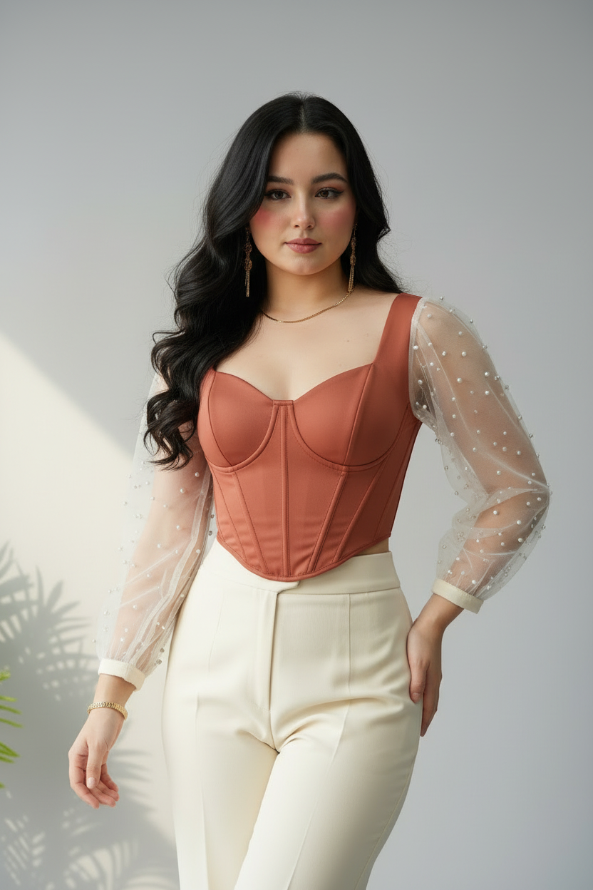 Conjunto Terracota Corset con Mangas Tul de Perlas y Pantalón Crema cod.655