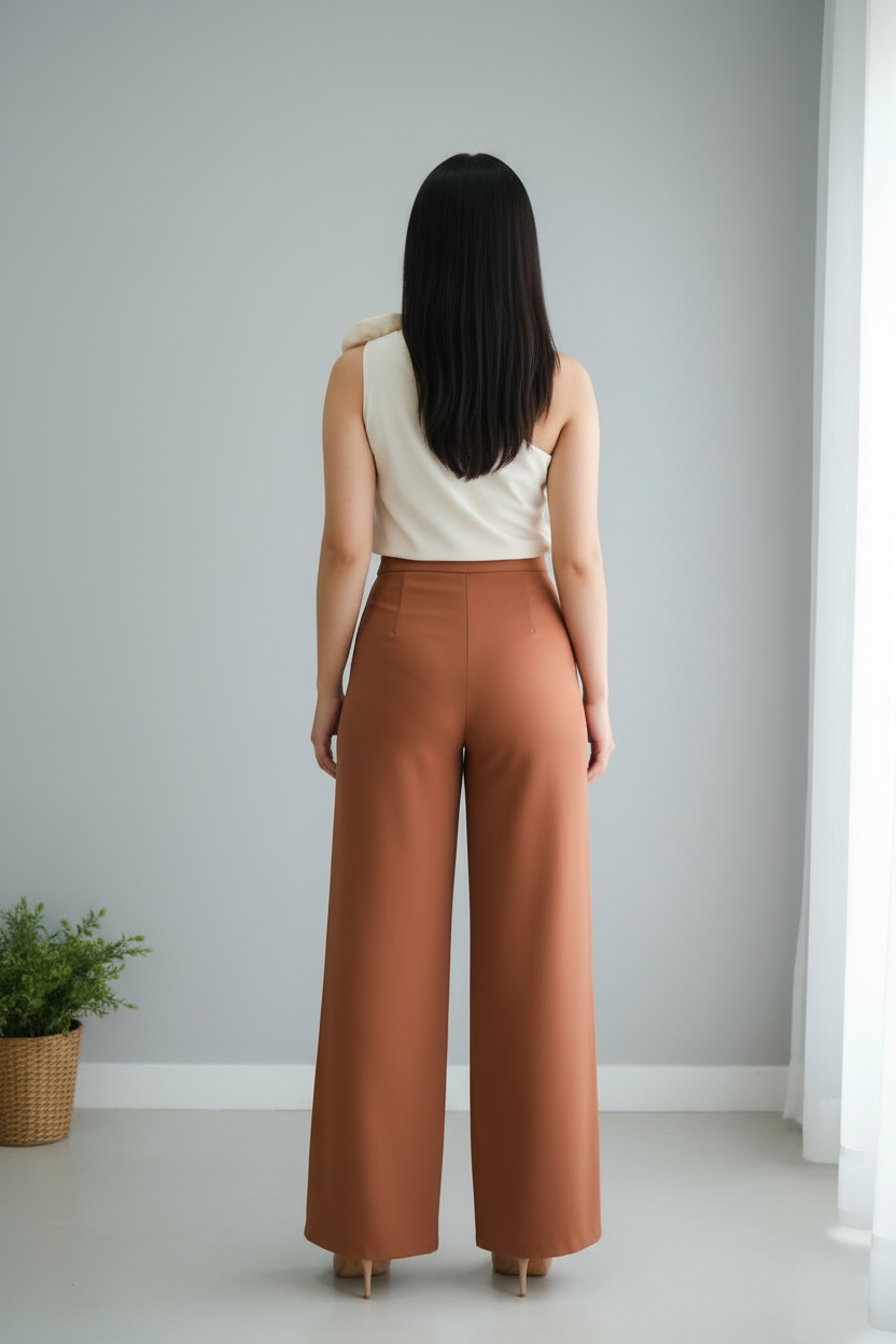 Conjunto Top Blanco Un Hombro Rosa 3D y Pantalón Palazzo Terracota cod.734