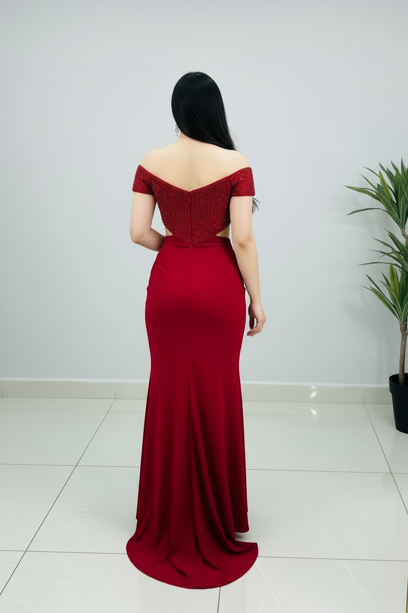 Vestido Formal Rojo Off-Shoulder Corset de Perlas con Cutout y Rosa D cod.520