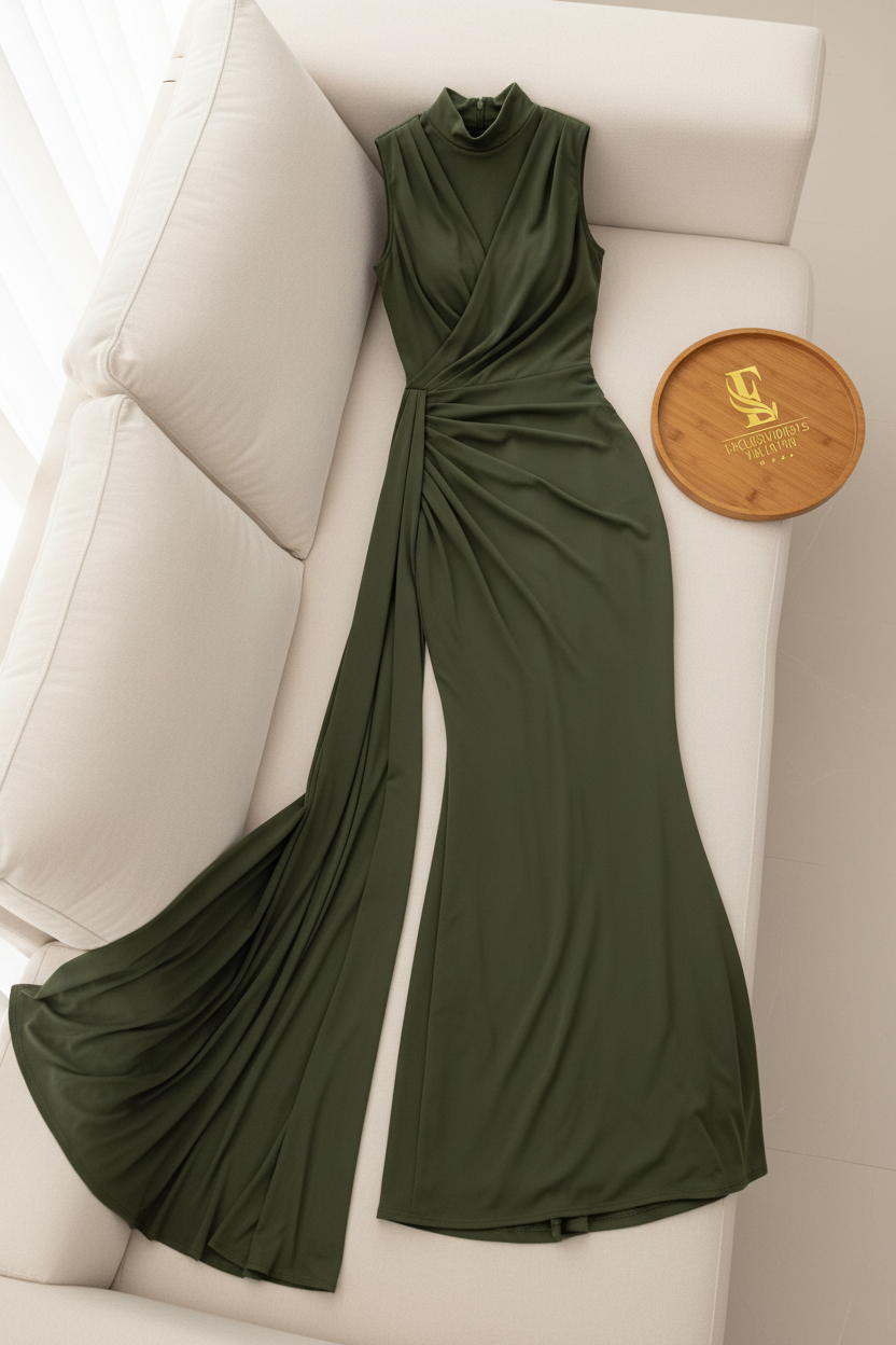 Vestido Verde Cazador — Cuello Alto Drapeado Cruzado con Cola Lateral cod.0052
