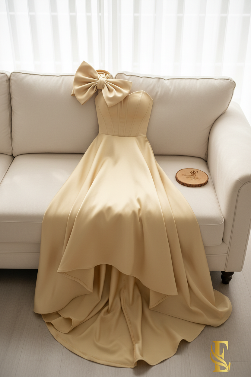 Vestido Champagne Satén Moño Doble Corsé High-Low cod.00100