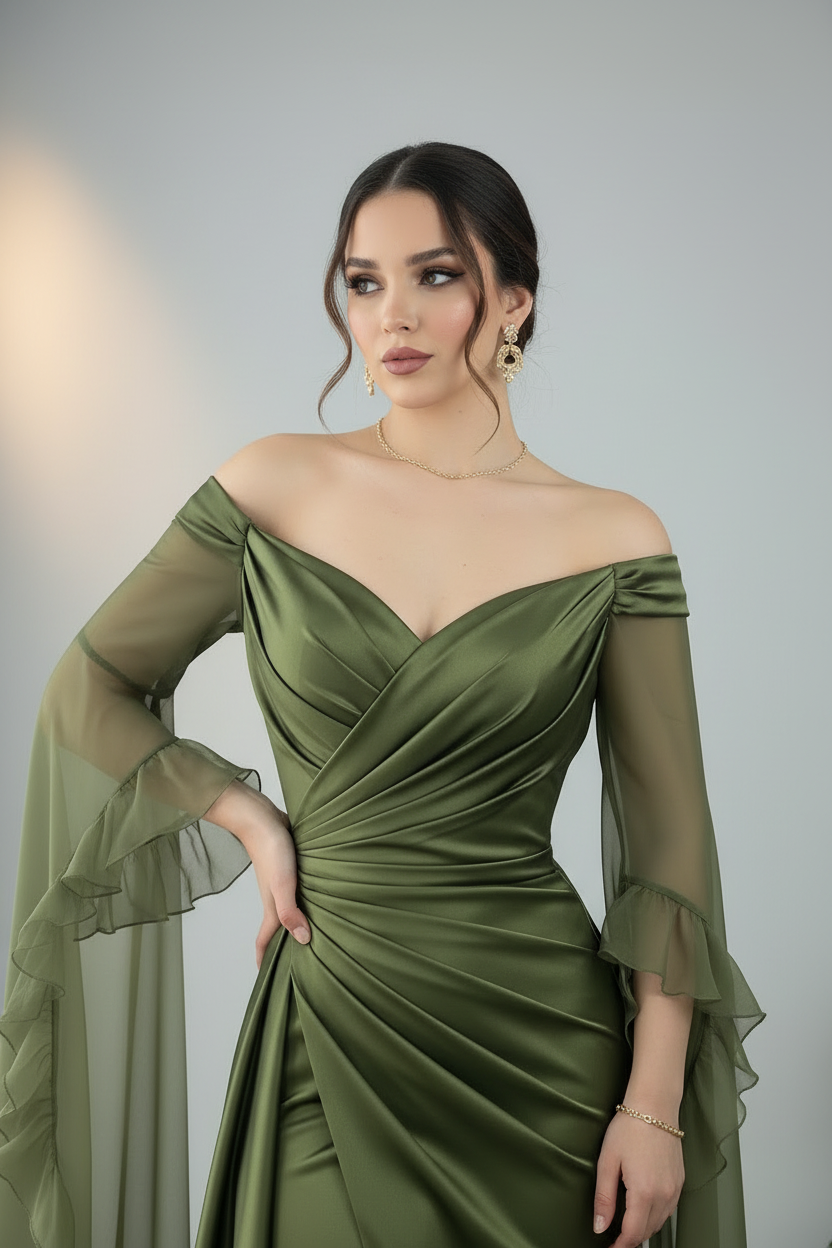 Vestido Largo Verde Oliva Satén — Off-Shoulder, Manga Tul con Volantes & Abertura Frontal cod.895