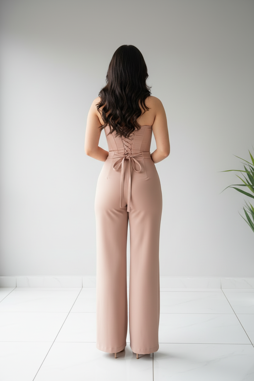 Conjunto Rosa Nude Corset con Lazo 3D y Pantalón Acampanado cod.657
