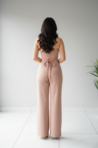 Conjunto Rosa Nude Corset con Lazo 3D y Pantalón Acampanado cod.657