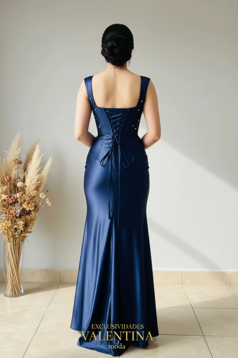 Vestido Sirena Azul Marino Satén con Perlas y Corsét cod.V856