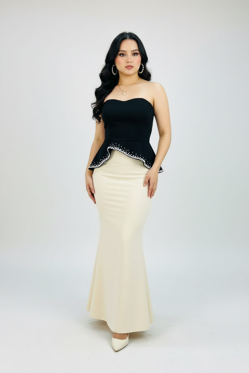 Conjunto Dos Piezas Top Negro Strapless Peplum con Perlas y Falda Sirena Crema cod.540