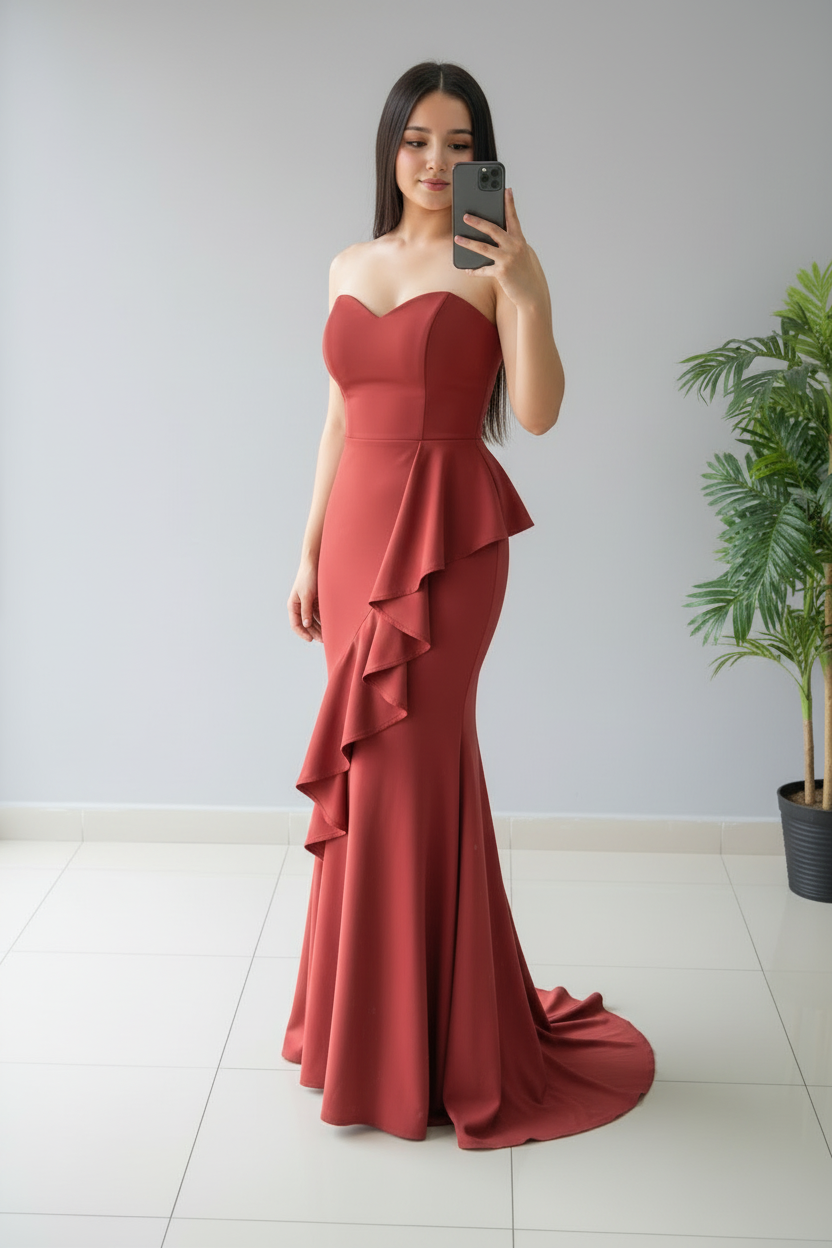 Vestido Sirena Terracota Volantes cod.627