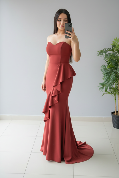 Vestido Sirena Terracota Volantes cod.627