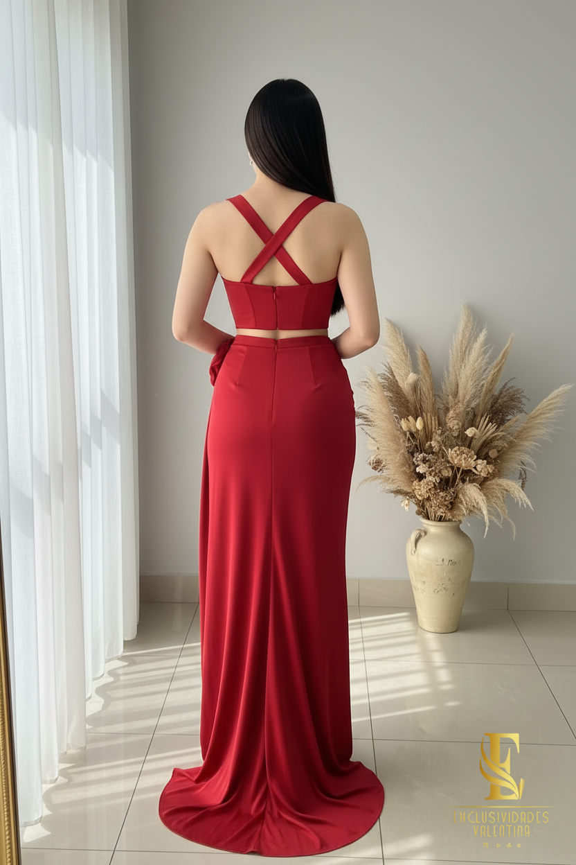 Conjunto Rojo | Corsé Cutout con Rosa 3D y Falda Drapeada cod.C447