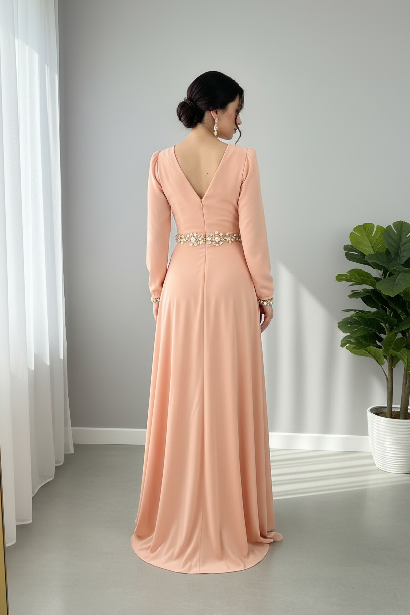 Vestido Peach Salmon Escote V Wrap Manga Estructurada Cinturon Joya Flores Doradas Abertura cod.842