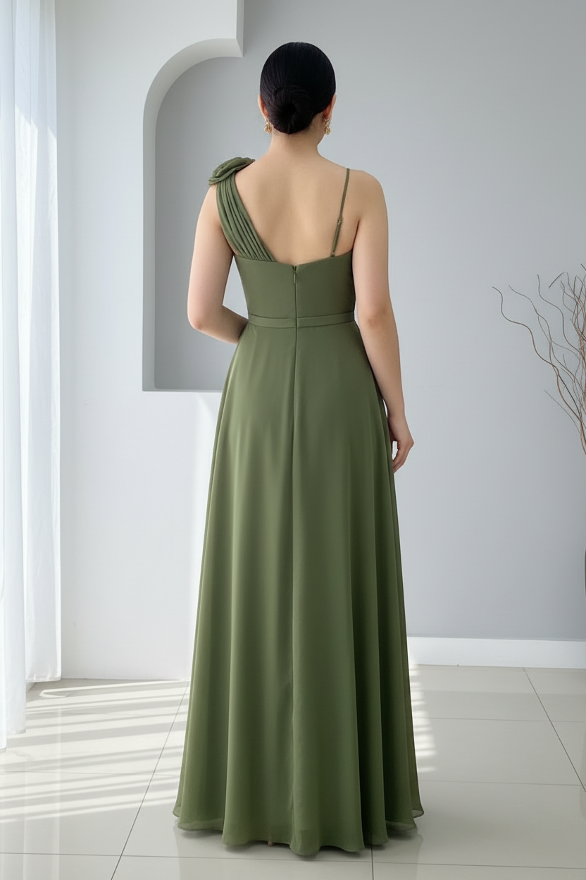 Vestido Verde Olivo Un Hombro con Flor cod.V358