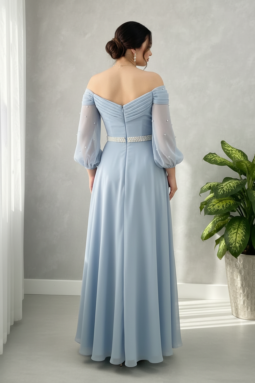 Vestido Azul Cielo Baby Blue Off-Shoulder Manga Tul Perlas Cinturon Perlas A-Line cod.838