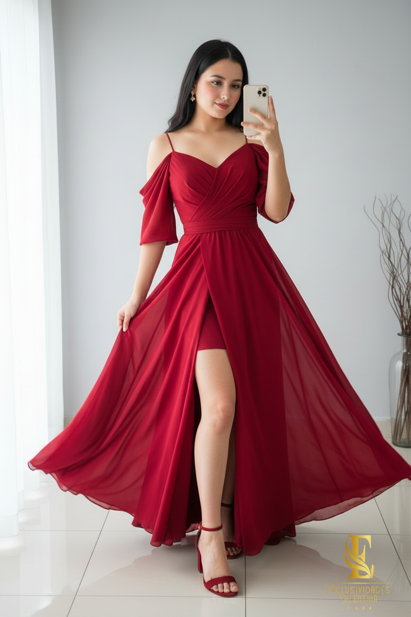 Vestido Rojo Vino Off-Shoulder V340