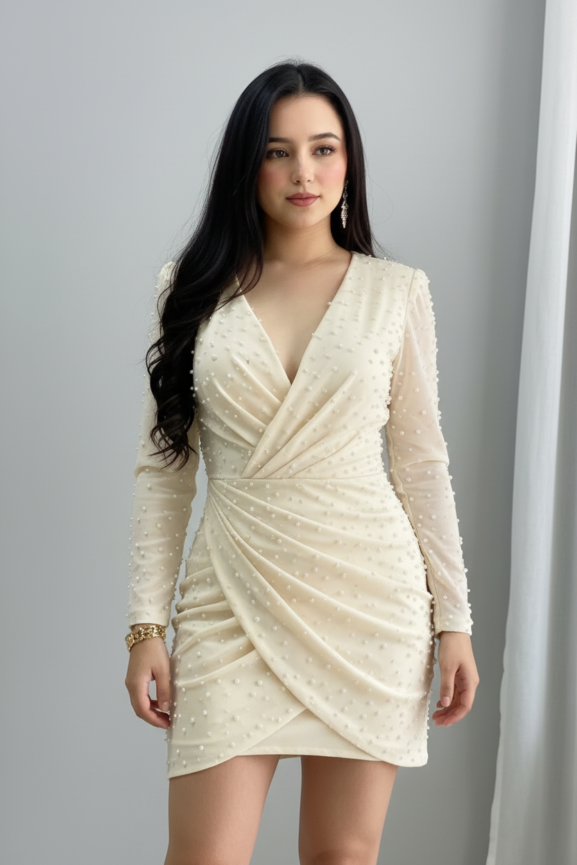 Vestido Crema Manga Larga con Perlas cod.947
