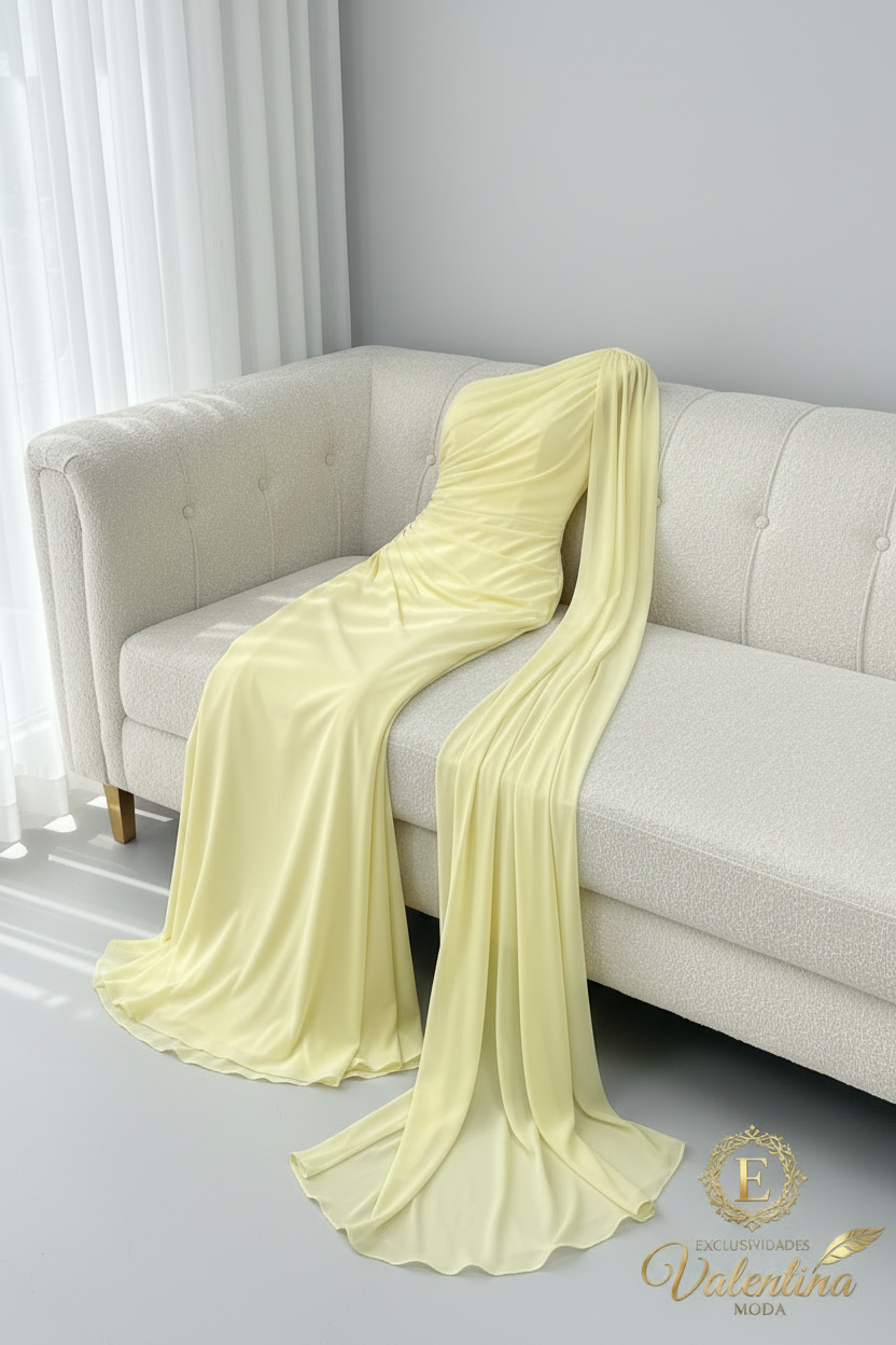 Vestido Largo Amarillo Limón Un Hombro con Capa Drapeada cod.V953