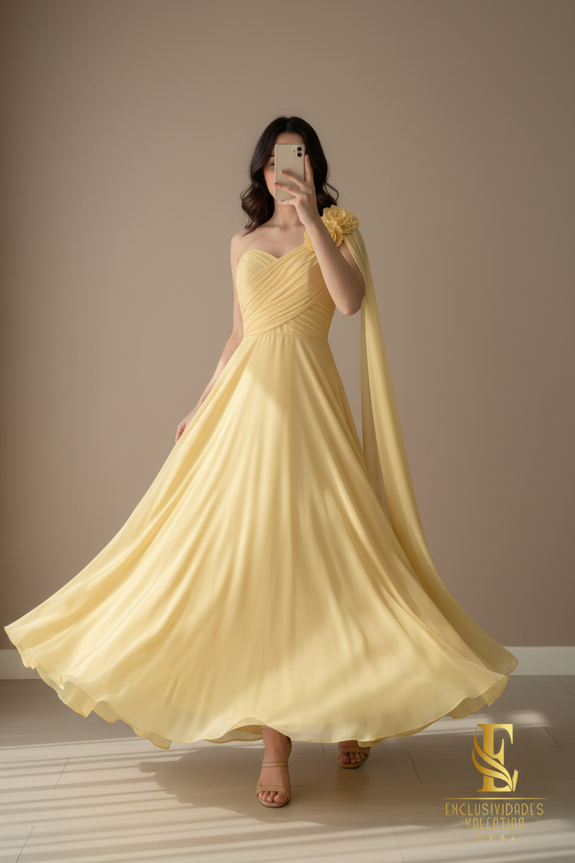 Vestido Amarillo Pastel One-Shoulder Chifón con Flor y Capa Drapeada cod.0080