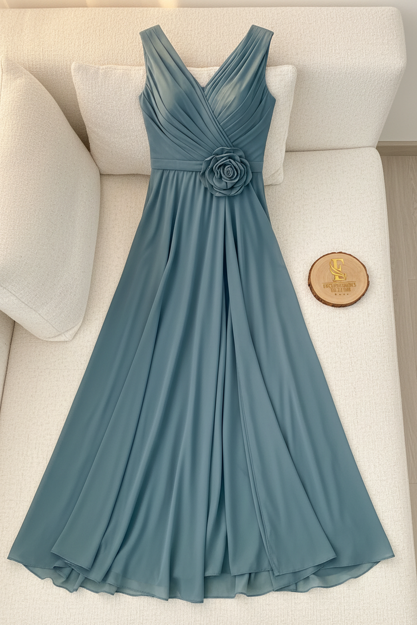 Vestido Largo Azul Acero — Escote V Cruzado, Rosa 3D Cintura & Abertura Frontal cod.886