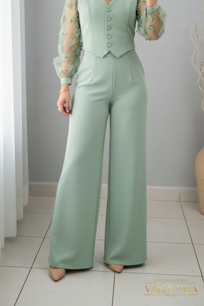 Conjunto Verde Menta 3 Piezas: Blusa Organza Floral, Chaleco y Pantalón Palazzo cod.C529