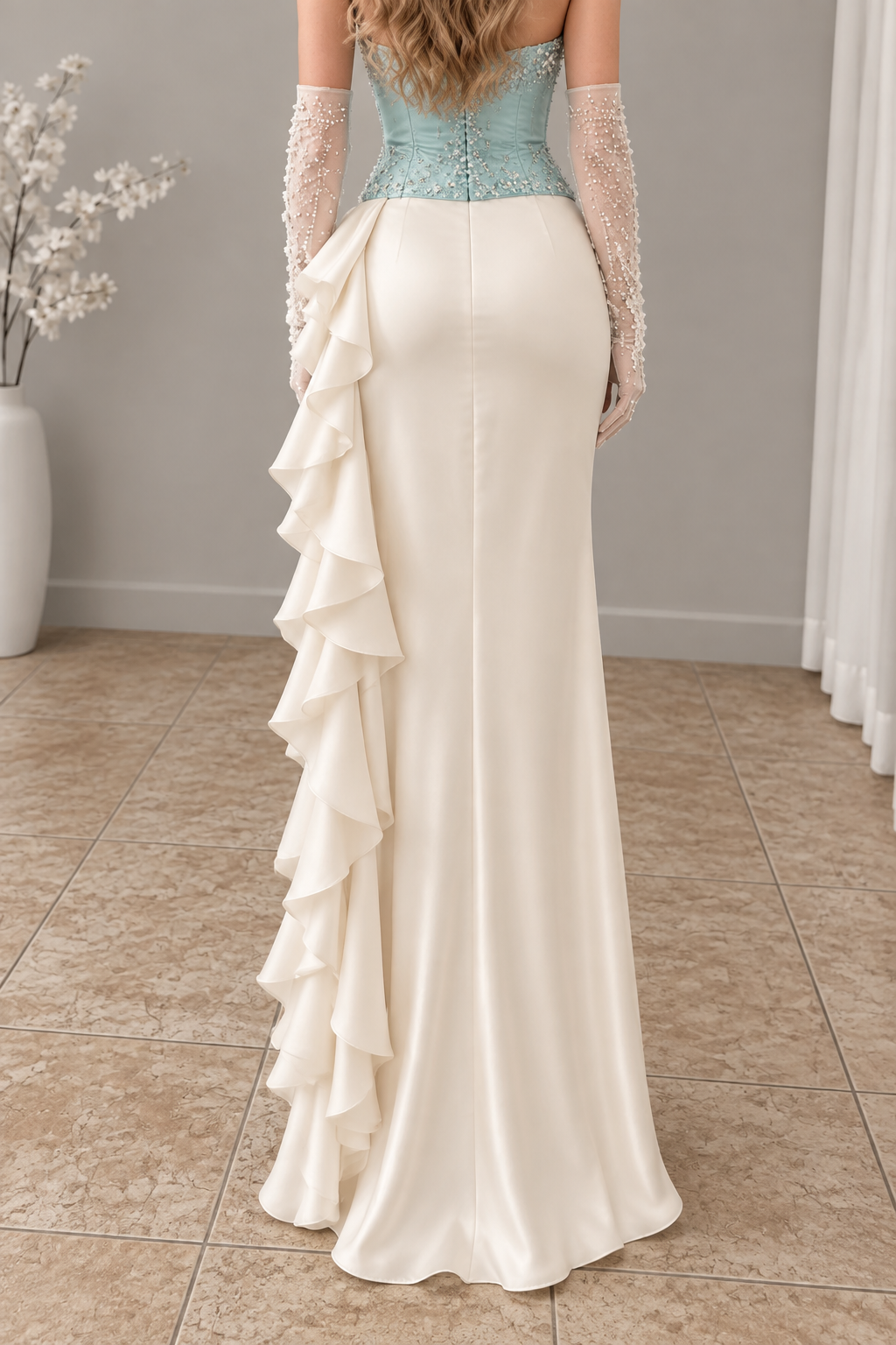 Falda larga cream drapeada con volantes laterales cod. F001