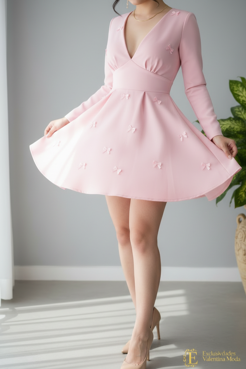 Vestido Rosa Baby Escote V Manga Larga Falda Skater Lazos 3d cod.939