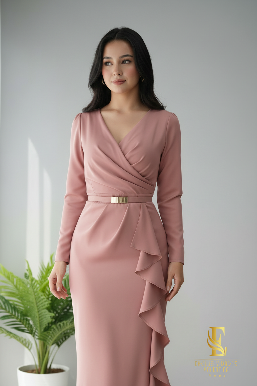 Vestido Midi Rosa Palo con Escote Cruzado y Volantes cod.V246