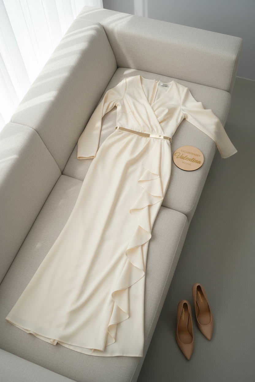 Vestido Ivory Ruffle – Gown Crema Manga Larga Escote V Cruzado con Volantes & Cinturón Dorado cod.690