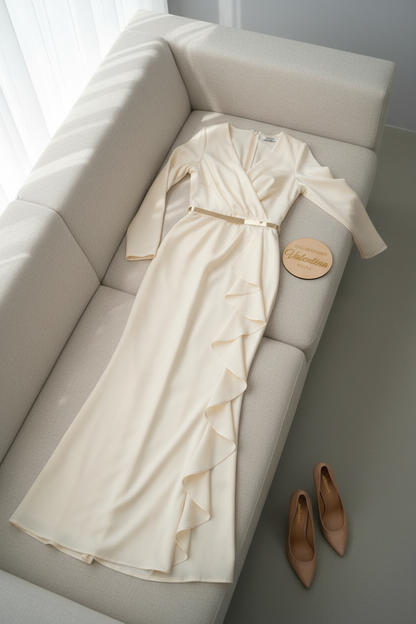 Vestido Ivory Ruffle – Gown Crema Manga Larga Escote V Cruzado con Volantes & Cinturón Dorado cod.690