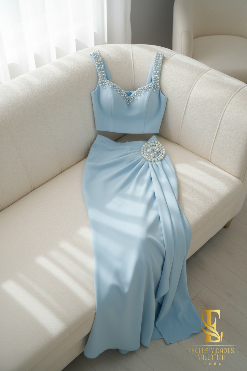 Conjunto Dos Piezas Azul Cielo con Perlas cod. C235