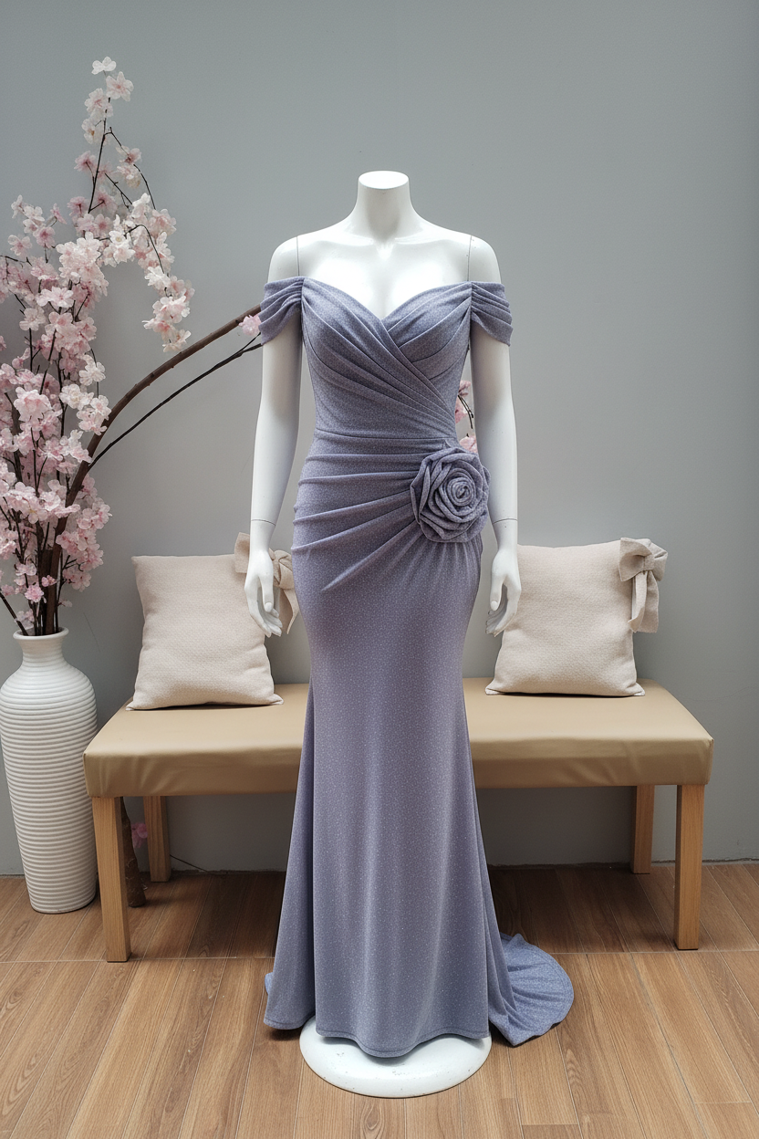 Vestido Lila Off-Shoulder Sirena con Rosa 3D y Brillos cod.V376