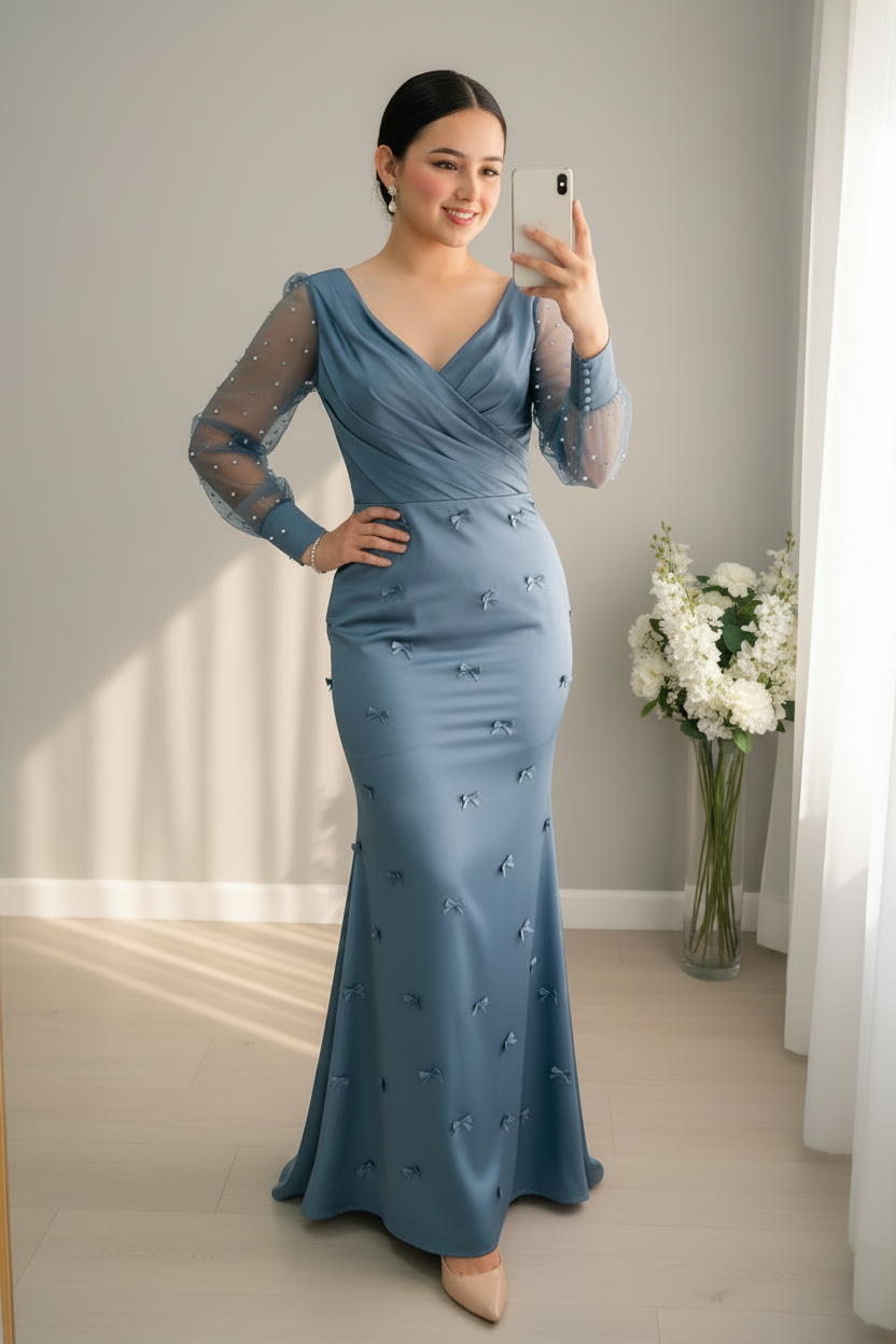 Vestido Largo Azul Acero Sirena con Moñitos 3D y Mangas de Tul con Perlas cod.V952