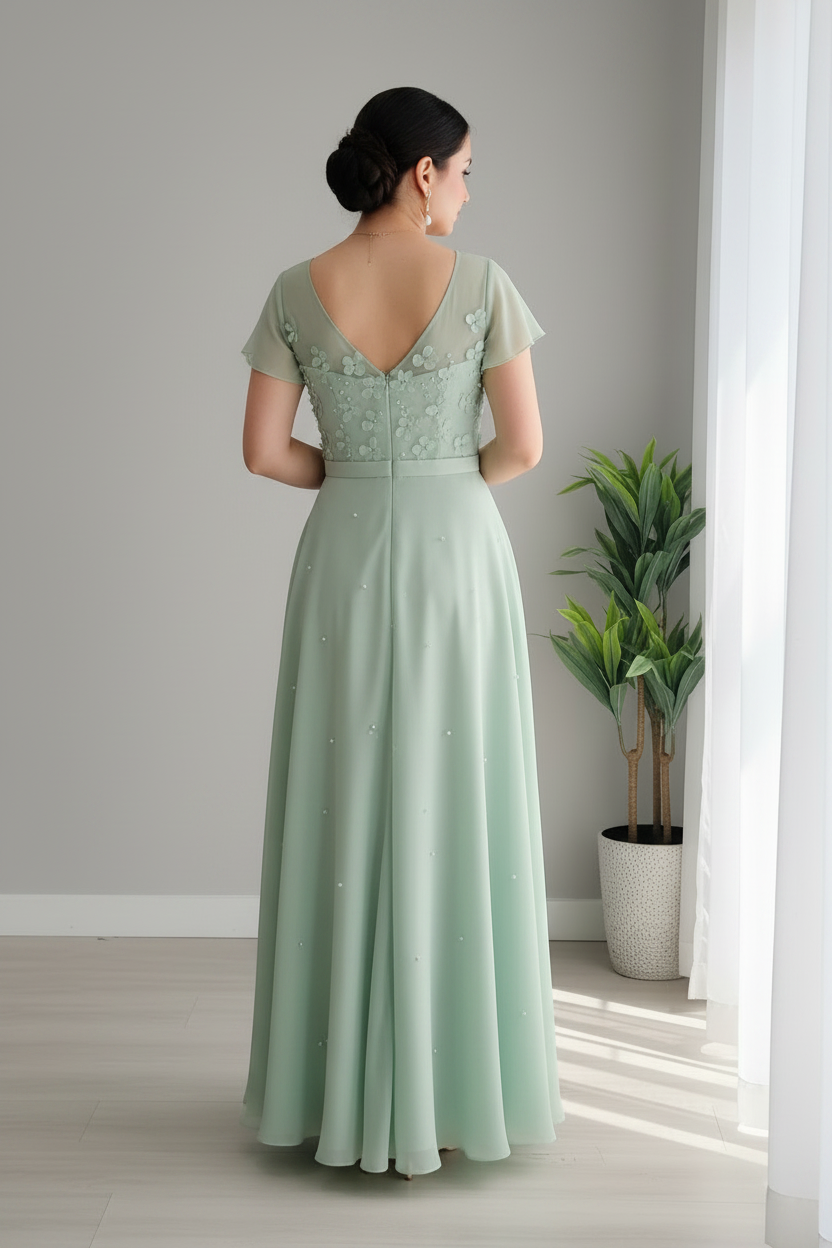 Vestido Verde Salvia — Floral 3D & Manga Corta cod.853