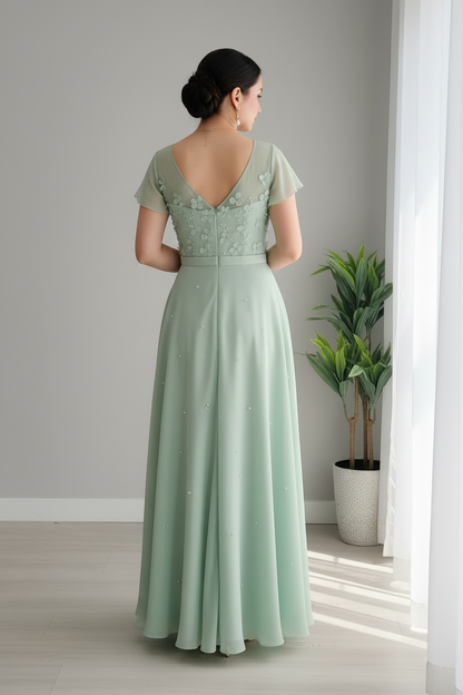 Vestido Verde Salvia — Floral 3D & Manga Corta cod.853