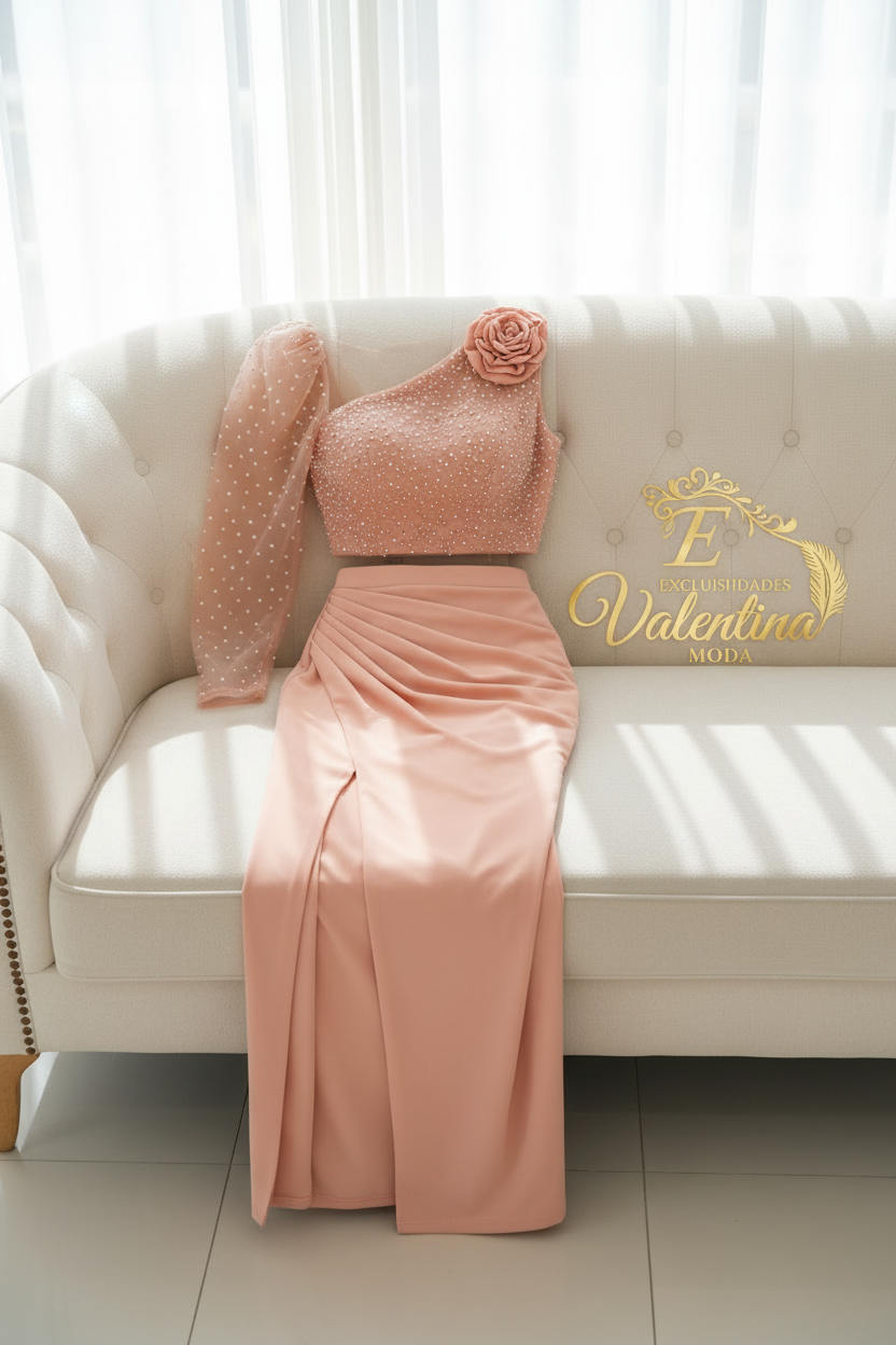 Conjunto Dos Piezas Rosa Palo Top de Tul con Perlas Rosa 3D y Falda Maxi cod.C951