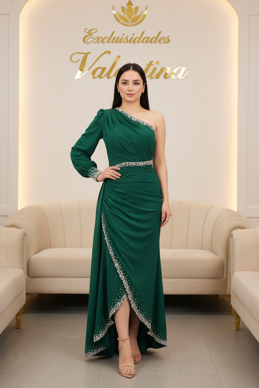 Vestido Verde Esmeralda Un Hombro Cinturón Perlas | VE-022