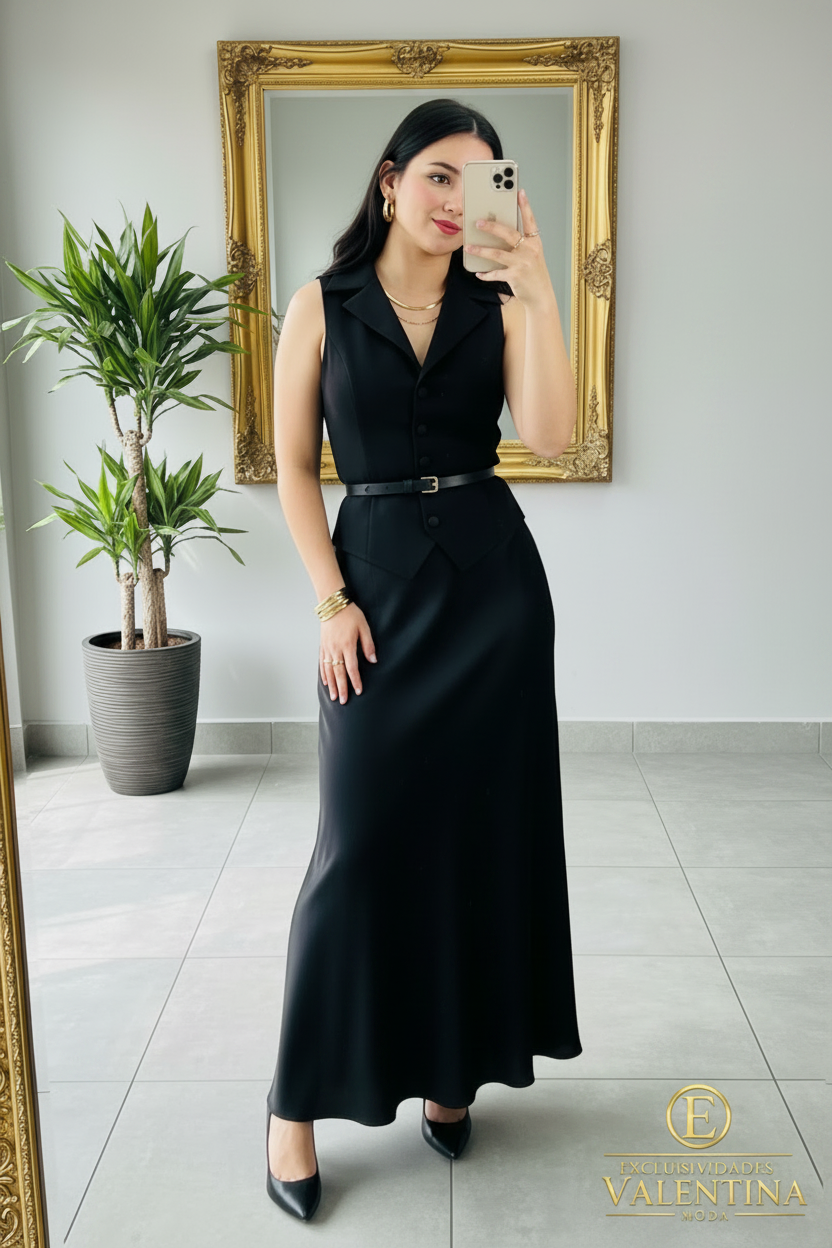Conjunto Chaleco y Falda Maxi Negro Satinado cod.C400