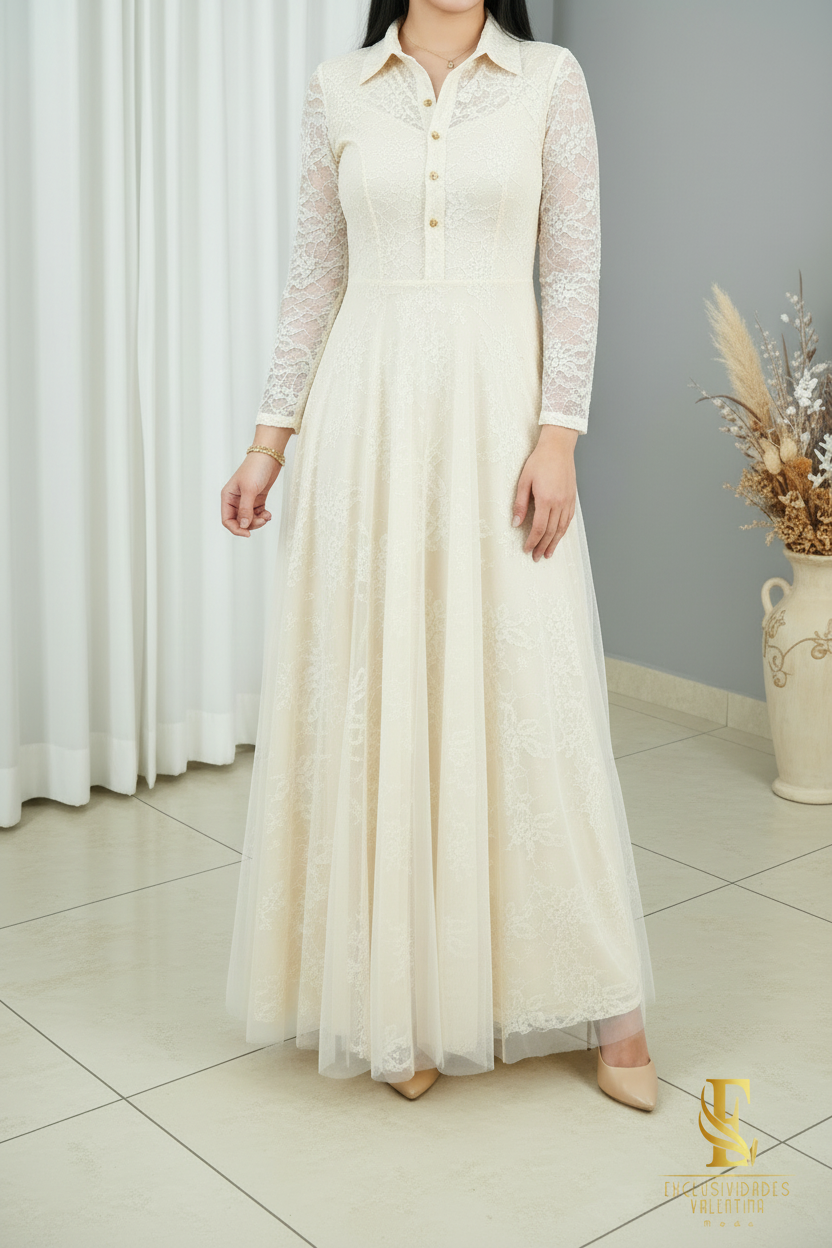 Vestido Ivory Camisero Manga Encaje con Falda de Tul cod.V283