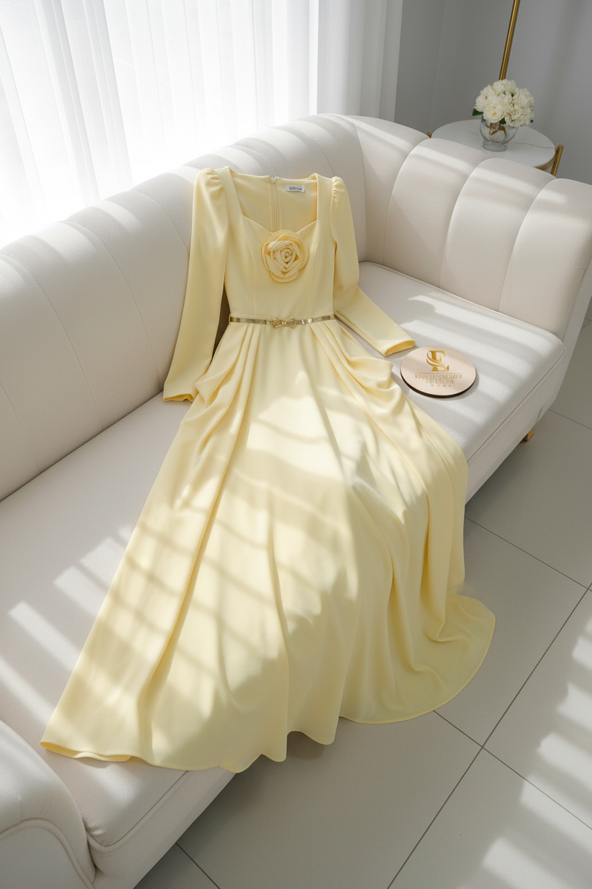 Vestido Amarillo Pastel Rosa 3D Cinturón Dorado cod.V388