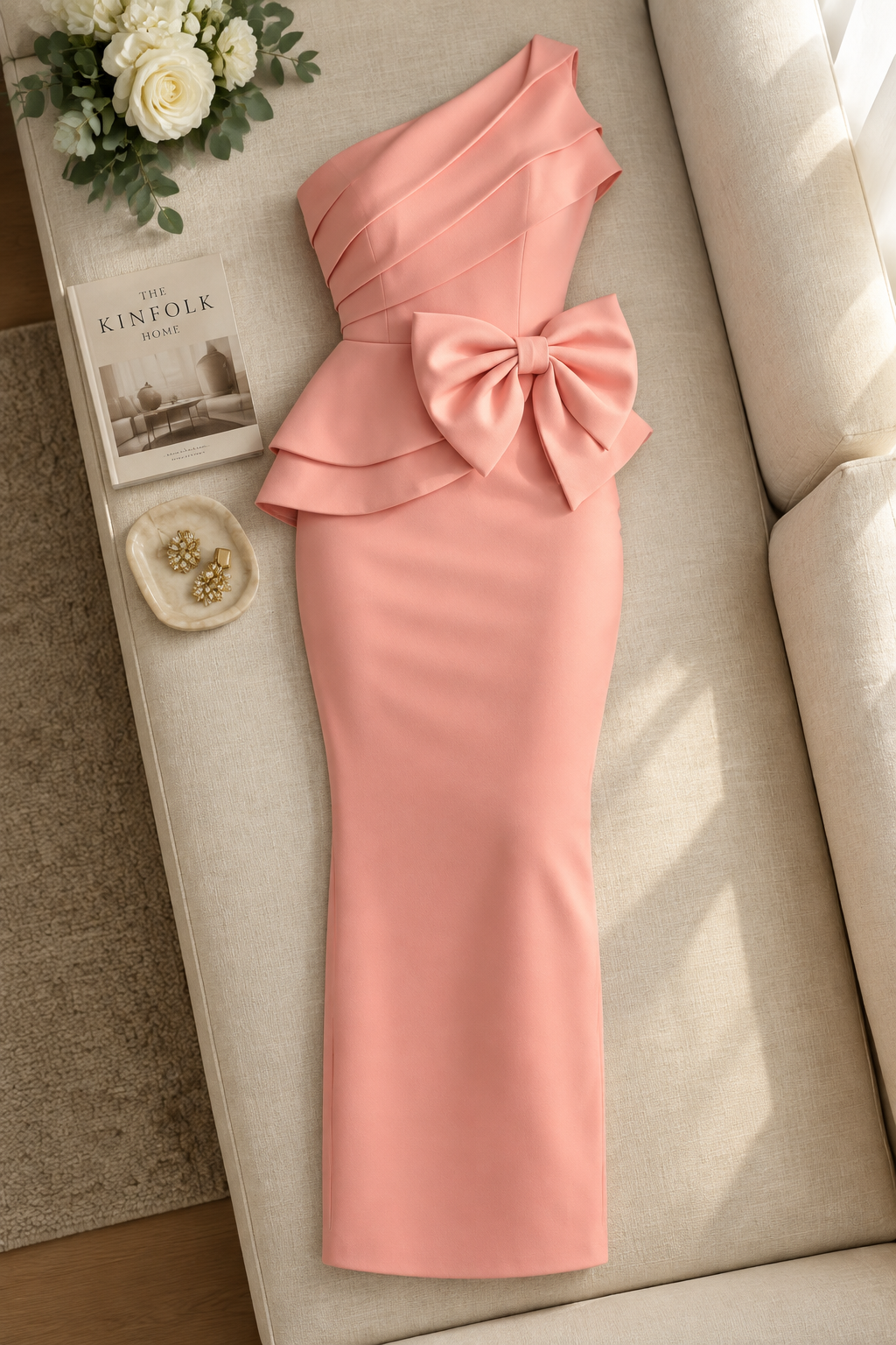 Vestido Rosa Salmón, Lazo Peplum Falda Lápiz cod.V0042