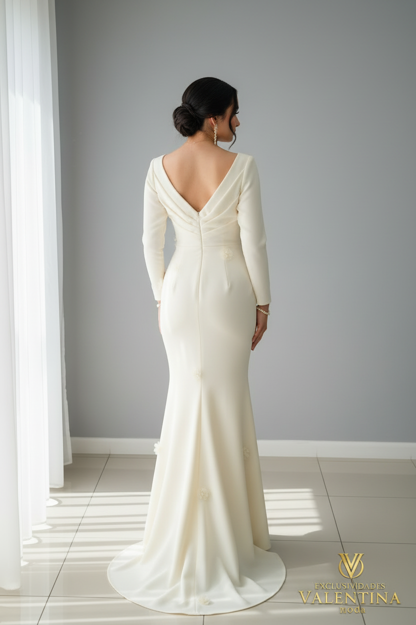 Vestido Blanco Marfil Manga Larga Sirena con Rosas D cod.V535