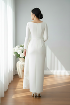 Vestido Blanco Off-Shoulder Manga Larga con Lazo Frontal y Corte Columna — Novia y Gala cod.0073