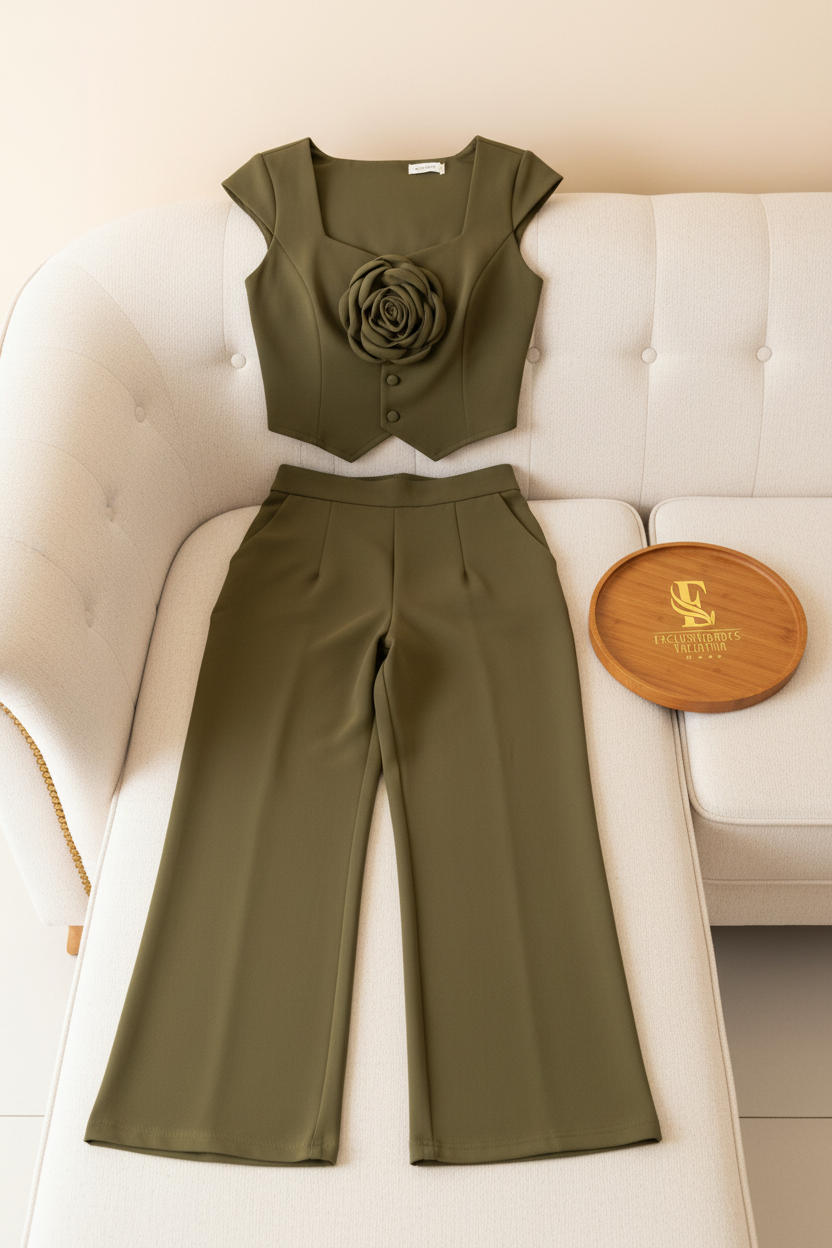 Conjunto Verde Olivo — Chaleco Rosa 3D & Palazzo cod.0034