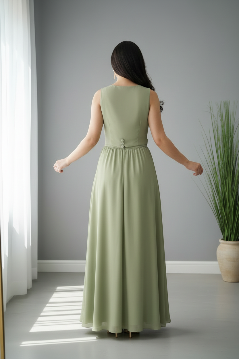 Conjunto Verde Salvia Chaleco con Rosas 3D y Capa cod.C638