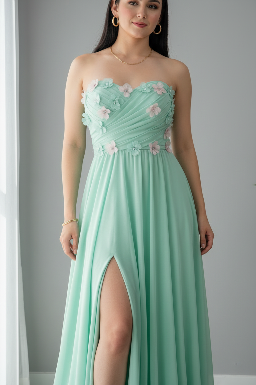 Vestido Verde Menta con Flores 3D cod.633